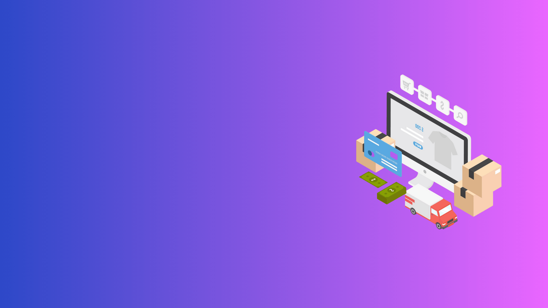 Image de bannière représentant un ordinateur avec des colis, de l'argent, une carte bancaire et un camion de livraison.