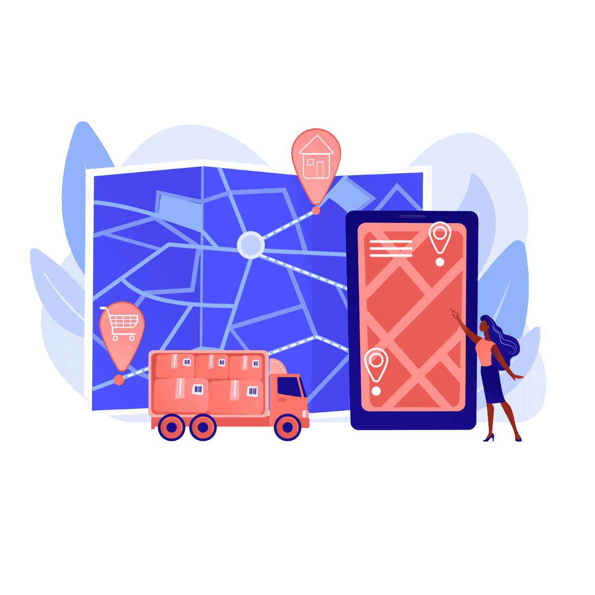 Image d'illustration représentant une carte d'une ville avec un camion de livraison et une personne pointant vers une adresse.