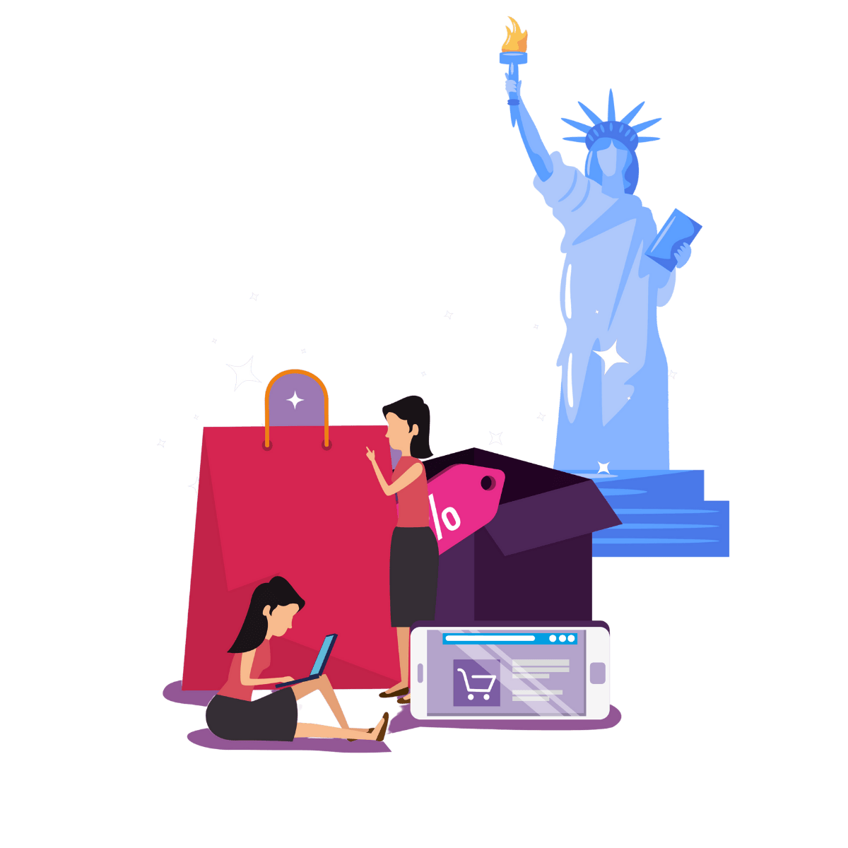 Image d'illustration représentant une personne qui fait du shopping en ligne avec la statue de la liberté derrière elle.