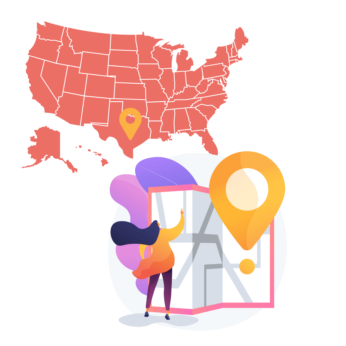 Image d'illustration représentant une carte des USA ainsi qu'un personnage pointant vers une carte avec une localisation.